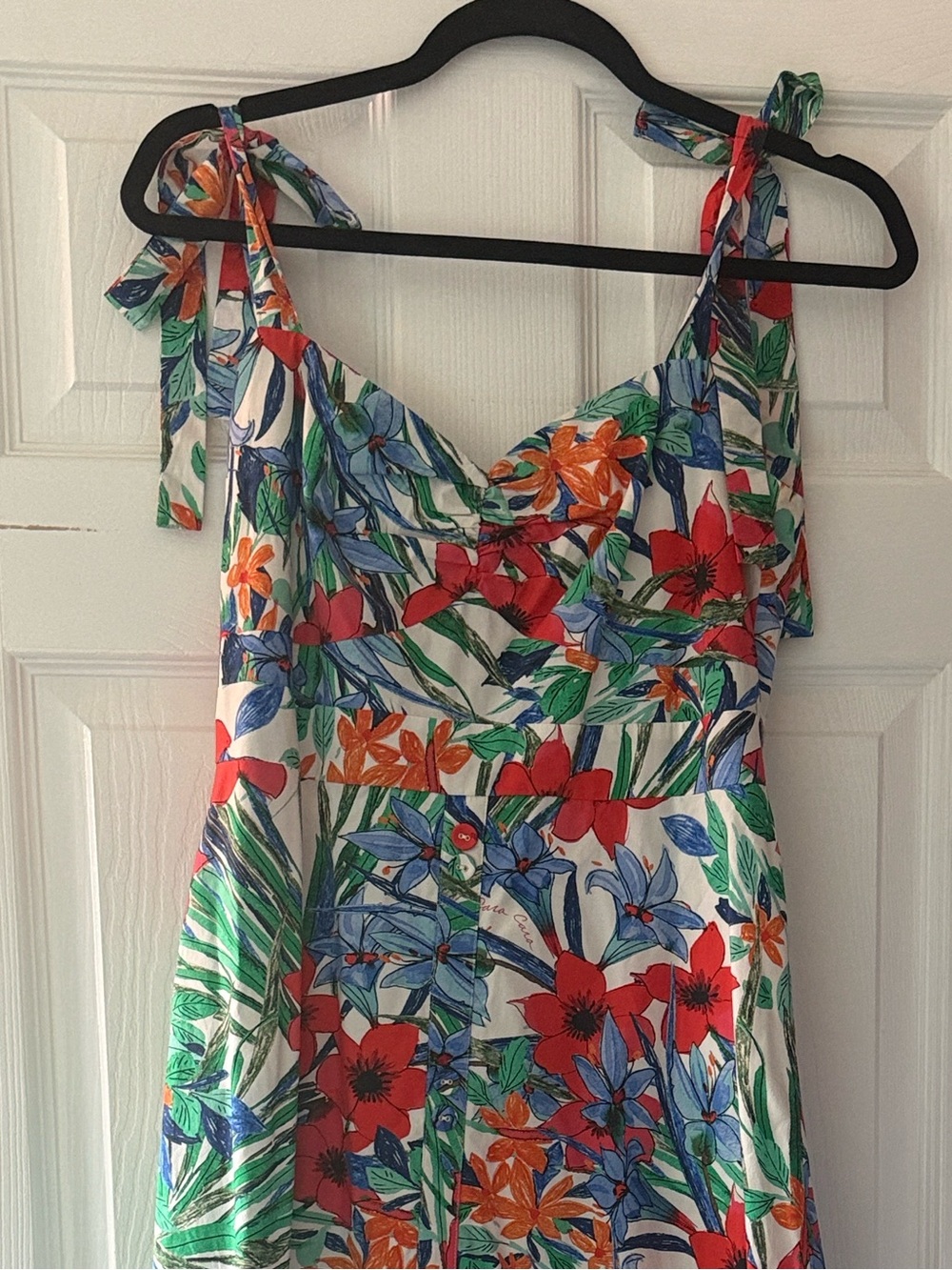 Cara Cara Belvedere Floral Tie-Shoulder Midi Dress in Red, Blue & Green